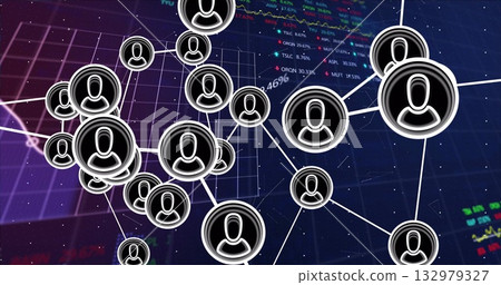 Displaying network visualization connecting user icons over digital grid, with market data overlay 132979327