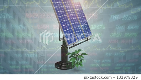 Showcasing solar panel on adjustable stand in digital composite, with seedling and stock graphics 132979329
