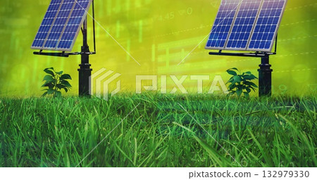 Showing two solar panels tilting toward sun in grass field, with sprouting plants and chart overlay Showing two solar panels tilting toward sun in grass field, with sprouting plants and chart overlay 132979330