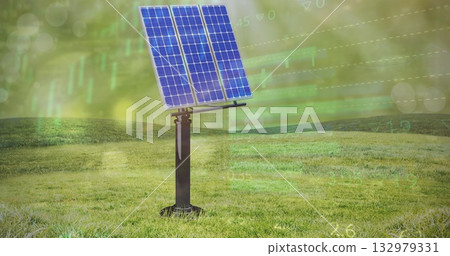 Rotating blue photovoltaic panel on tracking pedestal in meadow in golden haze, with chart overlays Rotating blue photovoltaic panel on tracking pedestal in meadow in golden haze, with chart overlays 132979331