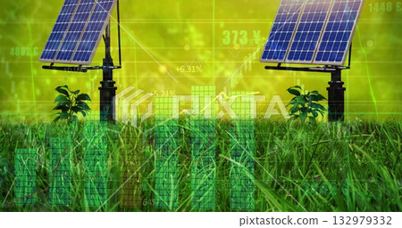 Displaying two solar panels on metal stands rising above tall grass in field, with financial graphs Displaying two solar panels on metal stands rising above tall grass in field, with financial graphs 132979332