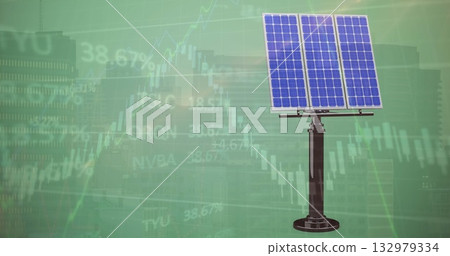 Standing blue solar panel array on pole against city skyline with stock chart overlay, copy space Standing blue solar panel array on pole against city skyline with stock chart overlay, copy space 132979334