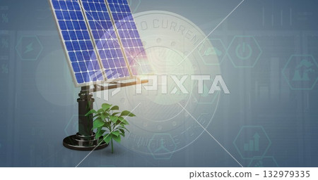 Featuring solar panel with green plant on stand in abstract studio, with NFT coin, hex icons Featuring solar panel with green plant on stand in abstract studio, with NFT coin, hex icons 132979335