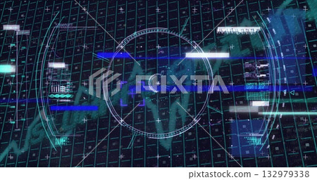 Showing futuristic HUD interface on control room screen, with circular reticle and waveform graph Showing futuristic HUD interface on control room screen, with circular reticle and waveform graph 132979338