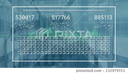 Displaying translucent digital overlay visualizing numeric labels in data center, with server racks Displaying translucent digital overlay visualizing numeric labels in data center, with server racks 132979351