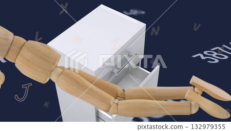 Showing wooden mannequin embracing white drawer cabinet in render, floating letters and numbers Showing wooden mannequin embracing white drawer cabinet in render, floating letters and numbers 132979355