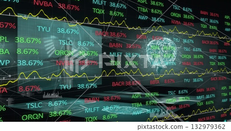 Trader in suit using market data on screens in office, with ticker symbols and wireframe globe Trader in suit using market data on screens in office, with ticker symbols and wireframe globe 132979362