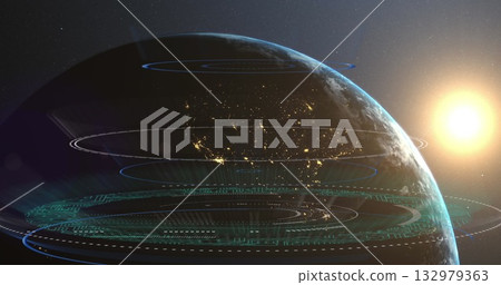 Planet Earth rotating in outer space, with holographic rings, data grids and sun glow, copy space 132979363