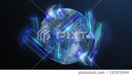 Floating planet Earth rotating in dark outer space, with glowing holographic prisms Floating planet Earth rotating in dark outer space, with glowing holographic prisms 132979364