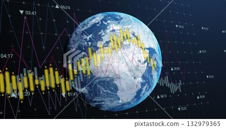 Floating 3D globe in dark grid, showing yellow candlesticks, magenta-white line graphs, timestamps 132979365