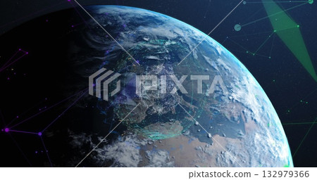 Displaying planet Earth glowing in outer space, with neon network nodes, lines and geometric shapes 132979366