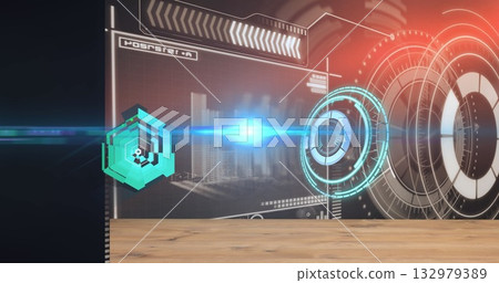 Displaying holographic interface over wooden tabletop in control station, with hexagonal icons 132979389