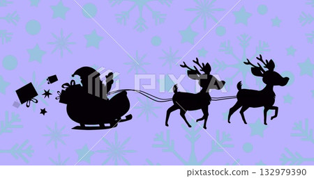 Gliding Santa figure guiding reindeer pulling sleigh across purple snowflake sky, tumbling gifts 132979390