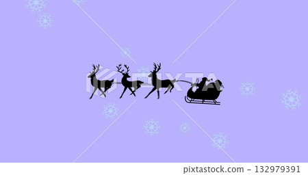 Flying Santa in coat and hat pulling three reindeer harnessed to sleigh across violet night sky 132979391