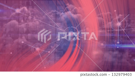 Forming network with white nodes and thin lines on grid with cloud shapes on pink-purple background Forming network with white nodes and thin lines on grid with cloud shapes on pink-purple background 132979403