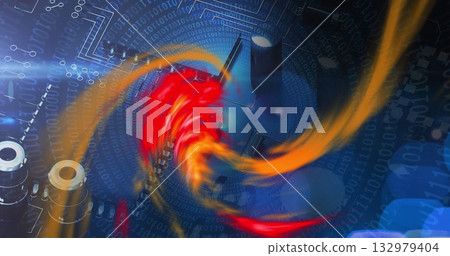 Swirling vortex of red-orange light beams twisting through digital circuitry capacitors microchips Swirling vortex of red-orange light beams twisting through digital circuitry capacitors microchips 132979404