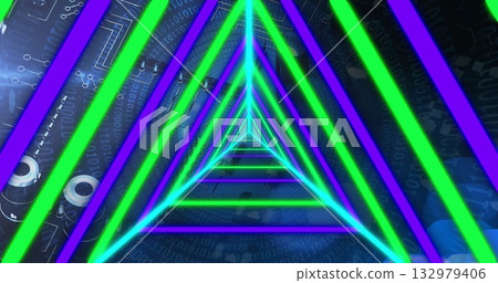 Glowing triangular frames receding into digital tunnel, with binary, schematic and circuit traces 132979406