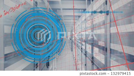 Displaying server racks with patch cables in data center, showing blue HUD rings and red gridlines 132979415