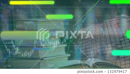 Image of green and blue tubes and financial data moving over books and globe in navy space Image of green and blue tubes and financial data moving over books and globe in navy space 132979417