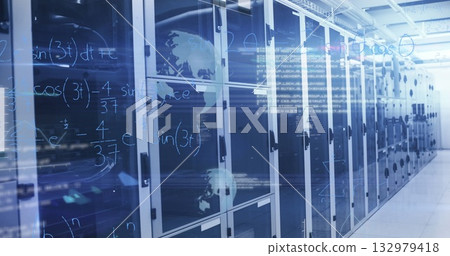 Occupying server cabinets revealing blinking hardware in data center aisle, with digital overlay 132979418
