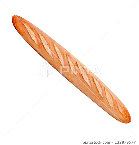 French baguette watercolor illustration isolated on white. Perfect for bakery branding, menu design, packaging, recipe books, posters, kitchen prints. Hand painted food clipart with warm natural tones 132979577