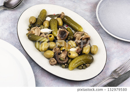 Homemade mixed vegetable pickles. Homemade mixed vegetable pickles. 132979580