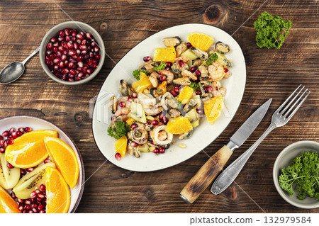 Food, delicious, seafood salad. Top view 132979584