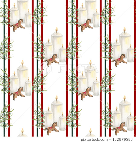 Christmas festive white candles with spruce branches and wooden horse toy watercolor seamless pattern on red and green stripes. New year clipart for celebration and gift packing design Christmas festive white candles with spruce branches and wooden horse toy watercolor seamless pattern on red and green stripes. New year clipart for celebration and gift packing design 132979593