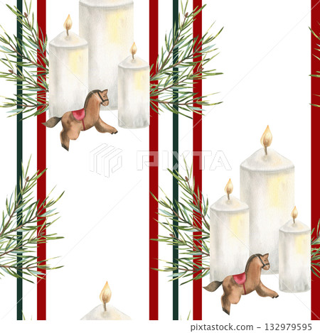 Christmas holly watercolor seamless pattern with festive white candles decor with spruce branches and wooden vintage toy illustration. New year geometric background with cozy wax light for celebration Christmas holly watercolor seamless pattern with festive white candles decor with spruce branches and wooden vintage toy illustration. New year geometric background with cozy wax light for celebration 132979595