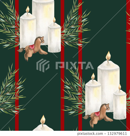 Christmas holly watercolor seamless pattern with festive white candles decor with spruce branches and wooden vintage toy illustration. New year geometric background with cozy wax light for celebration 132979611