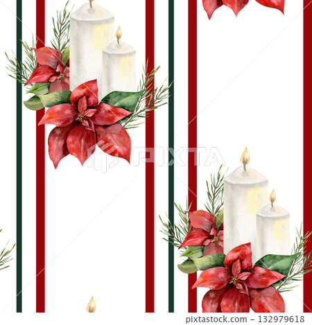 Christmas floral seamless pattern with watercolor white candles,red poinsettia flowers and geometric elements. Hand drawn New year background with winter Christian home decor for festive textile Christmas floral seamless pattern with watercolor white candles,red poinsettia flowers and geometric elements. Hand drawn New year background with winter Christian home decor for festive textile 132979618