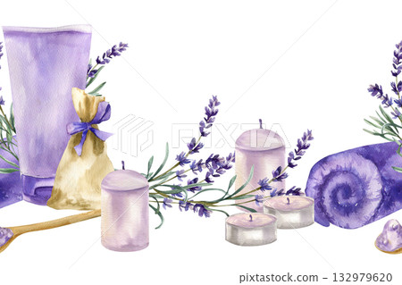 Spa body and skin care seamless border with watercolor lavender flowers, cream tube, herb sachet bag, candles and bath salt illustration. Women wellness set with hygiene objects for packing design. 132979620