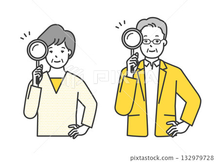 Illustration material of senior men and women holding magnifying glasses 132979728