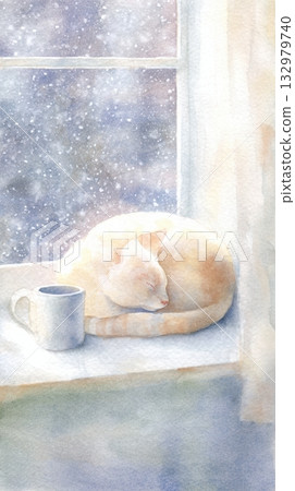 Curled-up cat on a windowsill in soft watercolor tones. A peaceful image of warmth and stillness. 132979740