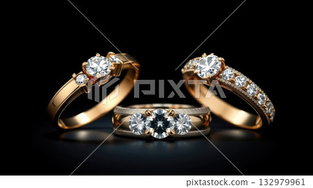 Paired gemstone rings displayed on black background. A sophisticated and chic composition. 132979961