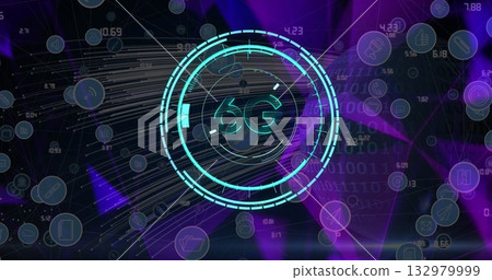 Displaying glowing 6G interface panel in digital network, with network lines and technology icons Displaying glowing 6G interface panel in digital network, with network lines and technology icons 132979999