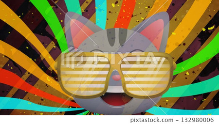 Cartoon cat head wearing oversized slatted sunglasses in illustration with colorful rays, splatter 132980006