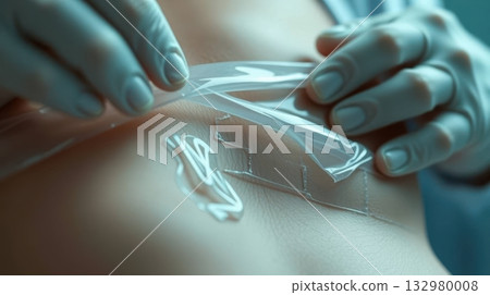 Artificial skin layer placed on sterile surface. Depicts innovation in medical materials and design. 132980008