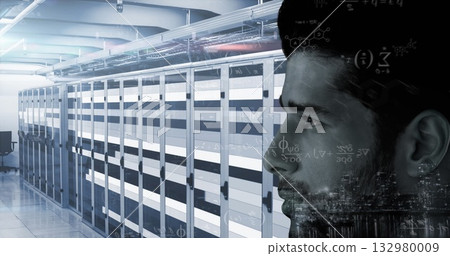 IT engineer monitoring racks in datacenter with floating formulas over skyline graphic, copy space 132980009