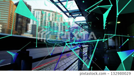 Displaying translucent digital network overlay above walkway, with metal railing and red curb Displaying translucent digital network overlay above walkway, with metal railing and red curb 132980029