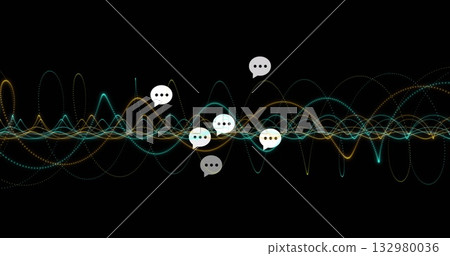 Displaying teal yellow white waveforms oscillating in dark digital space with speech bubble icons 132980036