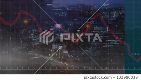 Displaying red line graph rising and falling across night skyline with lit towers and light trails Displaying red line graph rising and falling across night skyline with lit towers and light trails 132980039
