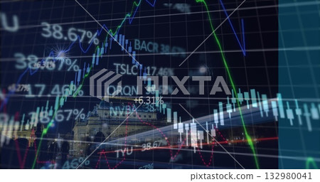 Lighting up Paris arch monument at night, showing candlestick bars, trend lines and grid overlay Lighting up Paris arch monument at night, showing candlestick bars, trend lines and grid overlay 132980041