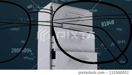Standing filing cabinet drawers ajar in cyberspace, black eyeglass frames, cables and data streams 132980052
