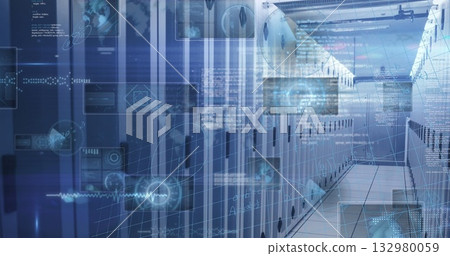 Displaying server rack aisle in data center corridor, with status LEDs and network diagram overlays Displaying server rack aisle in data center corridor, with status LEDs and network diagram overlays 132980059