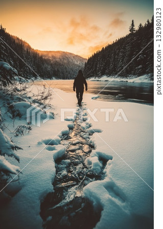 Single person moving gently on icy path. Soft evening light and muted tones create reflective atmosphere. Single person moving gently on icy path. Soft evening light and muted tones create reflective atmosphere. 132980123
