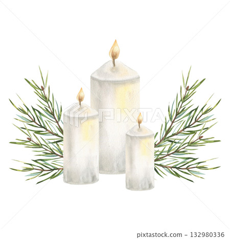 White candles and evergreen spruce branches watercolor Christmas festive composition. Hand drawn New year and winter season clipart for traditional greeting card,pooster,packing design White candles and evergreen spruce branches watercolor Christmas festive composition. Hand drawn New year and winter season clipart for traditional greeting card,pooster,packing design 132980336