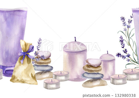 Spa wellness lavender seamless banner with cream tube, herb fabric sachet,candles and field violet flowers watercolor illustration.Aromatic set clipart for skin and body care, cosmetics packing design 132980338