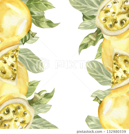 Fresh yellow tropical passion fruits watercolor banner template. Summer ripe with green leaves frame for product packing, fresh market poster design. Colorful vegan food clipart, cocktail ingredient Fresh yellow tropical passion fruits watercolor banner template. Summer ripe with green leaves frame for product packing, fresh market poster design. Colorful vegan food clipart, cocktail ingredient 132980339