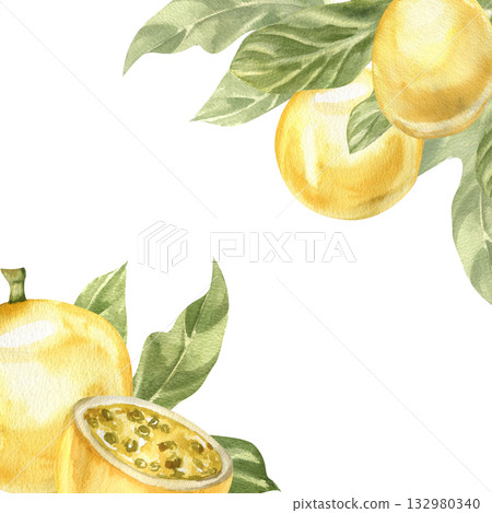 Tropical exotic passion fruit banner with plant branch and green leaves watercolor illustration. Hand drawn sweet summer juicy fruits frame, vegan food clipart for poster, card design Tropical exotic passion fruit banner with plant branch and green leaves watercolor illustration. Hand drawn sweet summer juicy fruits frame, vegan food clipart for poster, card design 132980340
